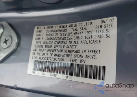 2007 Honda Cr-V Ex-L z USA, uszkodzony, nr VIN JHLRE38797C057708